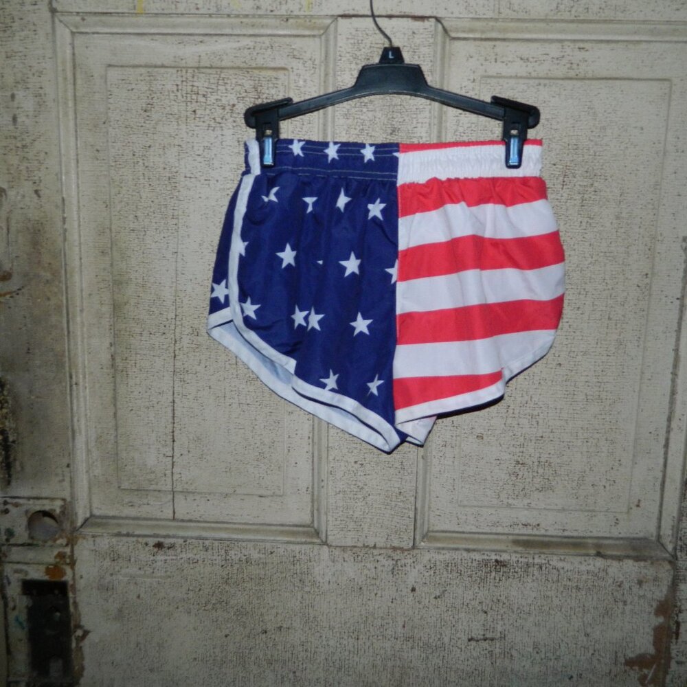 Vintage Uzzi Active Wear American Flag Unisex Running Swim Shorts Size S (A-7)
